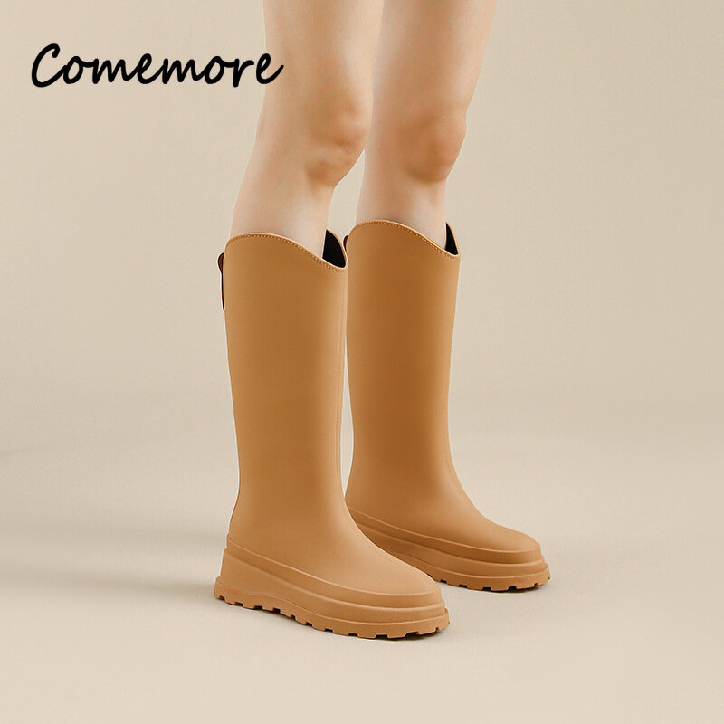 Comemore-Bota alta para mulheres, plataforma de bezerro médio, dedo do pé redondo, botas de chuva altas, galochas, 41, Novo, 2024