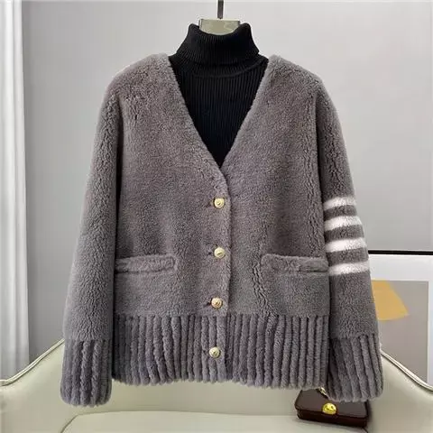 Abrigo de piel de oveja Natural Real para mujer, abrigo de piel de punto de lujo, botones, ropa de calle de manga larga, moda de otoño e invierno, F75