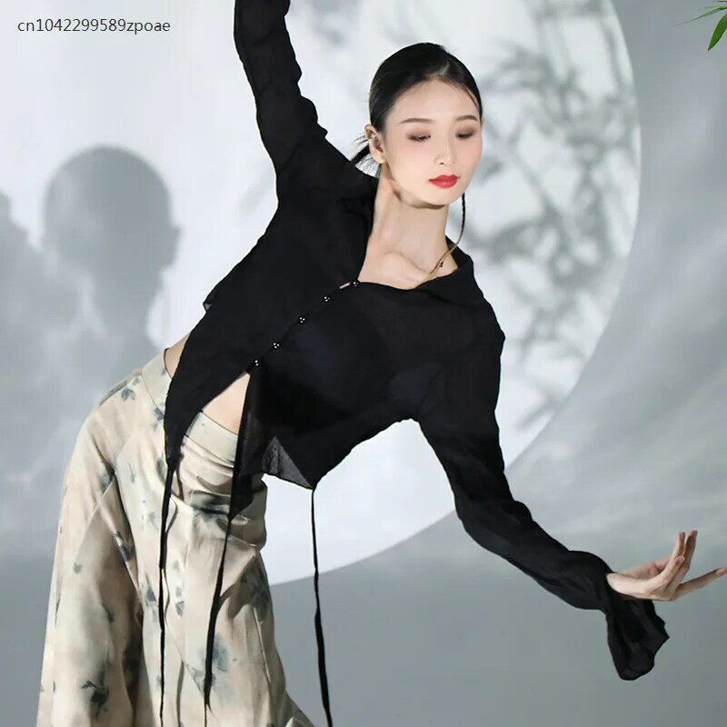 Linda roupa de dança clássica feminina, estilo nacional, elegante, manga comprida, tops pretos, saias e calças soltas, estilo étnico