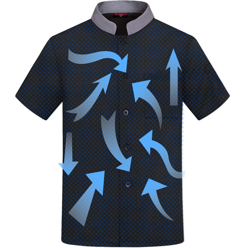 Macacão de design de malha respirável dos revestimentos 360 ° da cozinha do restaurante da roupa do trabalho do verão uniforme de cozimento do hotel da camisa do chef da luva curta