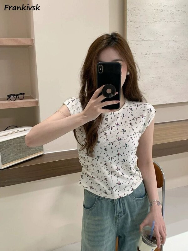 T-shirts Women Floral Daily Cute Korean Style Sexy Hotsweet Summer Shinny Casual O-neck Fashion Cozy Beach Temperament College