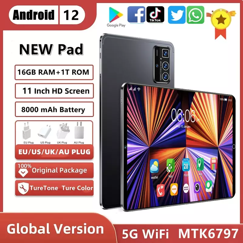 Tablet Android 11 inci versi Global 2023, Android 16GB 1T SIM ganda 10 Core WPS GPS Bluetooth jaringan 5G GPS WPS Tablet PC Ipad