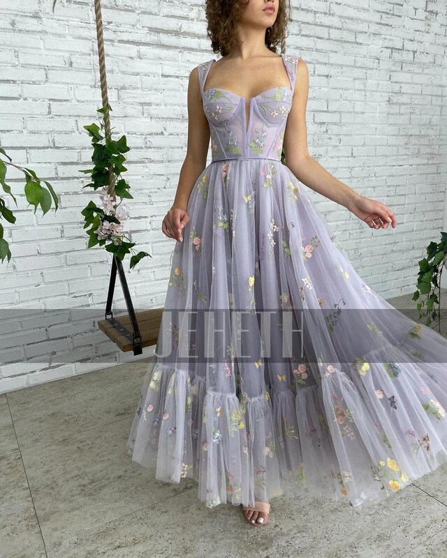 JEHETH Lavender Embroidery Prom Dresses Sweetheart Ankle Length Tulle A-Line Party Lace Formal Evening Gowns Vestidos De Fiesta