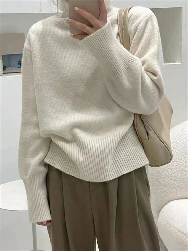 REALEFT-suéter de cuello alto para mujer, suéter de punto suelto, informal, de manga larga, otoño e invierno, 2022