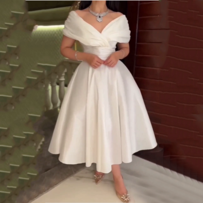 فستان سهرة أبيض مع قبالة الكتف ، ألف خط ، طول الشاي ، الخامس الرقبة ، التفتا ، ثوب حفلة رسمية