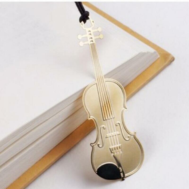 Violino Plated Metal Bookmark com colhedor, instrumentos criativos, marcadores de livros, escola papelaria suprimentos, 2pcs