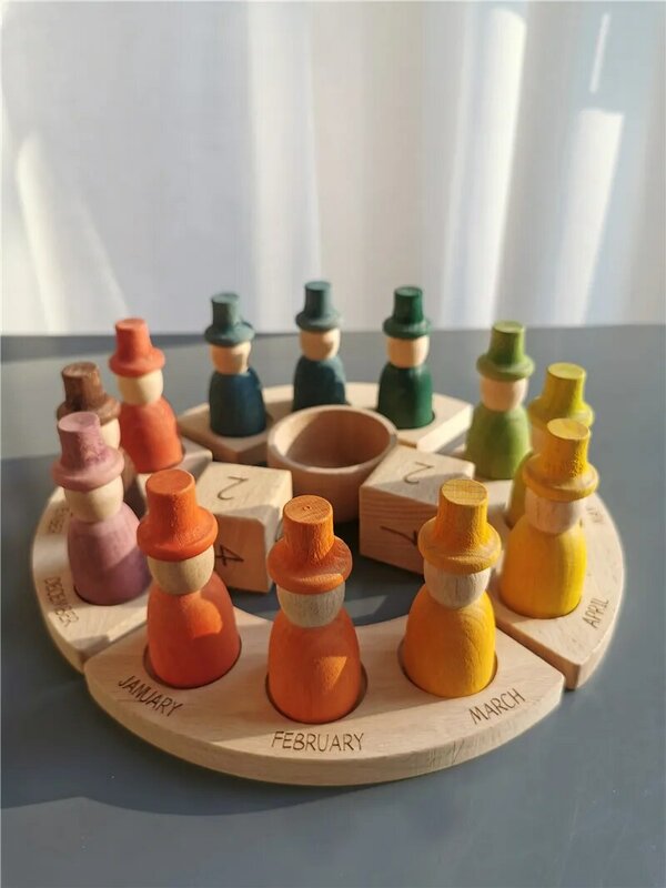 Neue Holz Spielzeug Buche Regenbogen Kalender Peg Puppen Zusammen Wizard Figuren Stacking Blocks für Kinder
