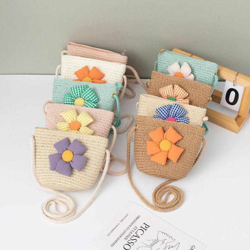 Bolsos de hombro hechos a mano para niñas, bolso cruzado de paja con flores, nuevo