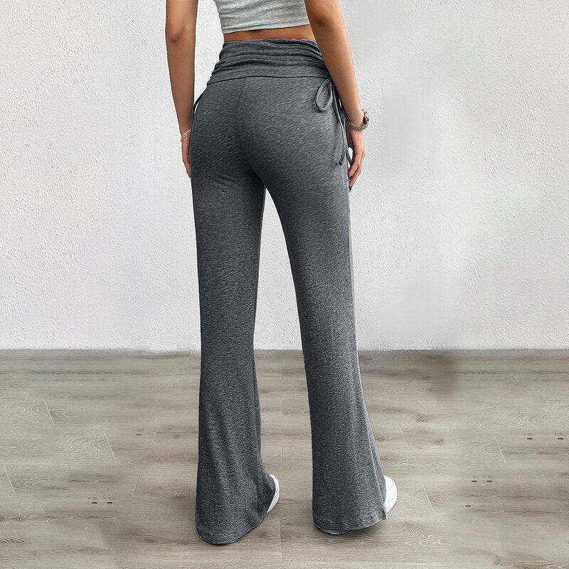 Yeae-slim plissado micro-calças grandes, cor sólida, stretch, queimado, de pernas largas, cintura elástica, fitness, yoga, novo design