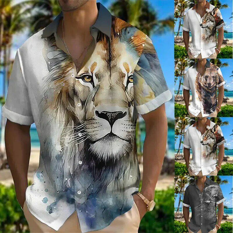 Camisas de manga corta con estampado 3D de León, Tigre, oso y águila para hombre, camisas Hawaianas, 2024