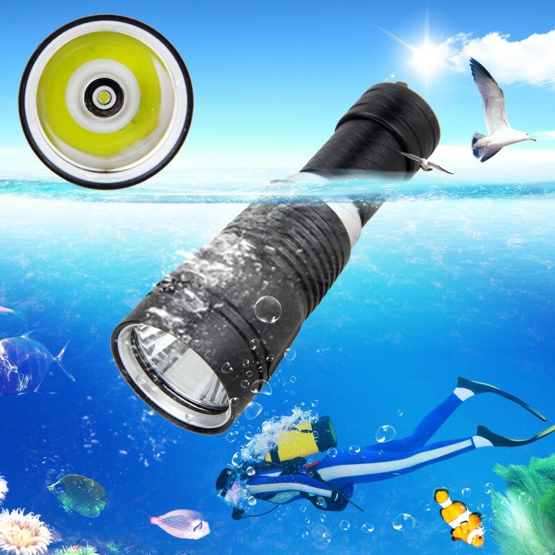 Linterna de buceo superbrillante IP68, resistente al agua, alimentada por batería 18650, 26650, carga única, luz led profesional de buceo