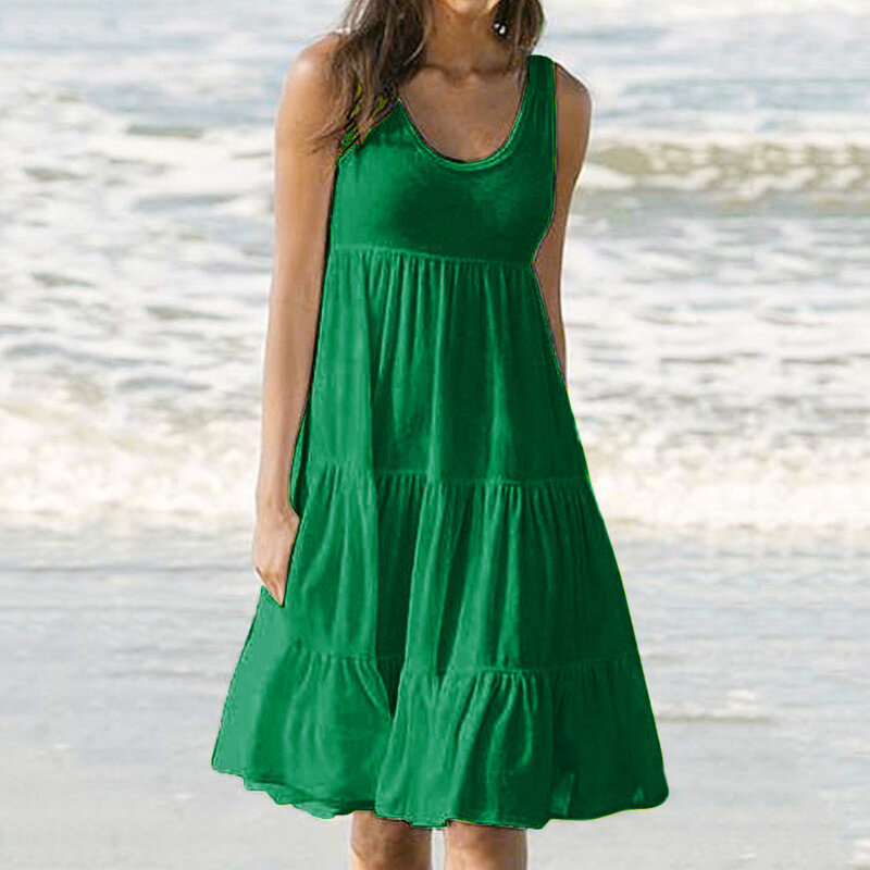 Donne Boho Beach Dress Summer Spaghetti Strap tinta unita allentato Vacation Beach Cami Dress Ladies Cotton T shirt Tank Sundress
