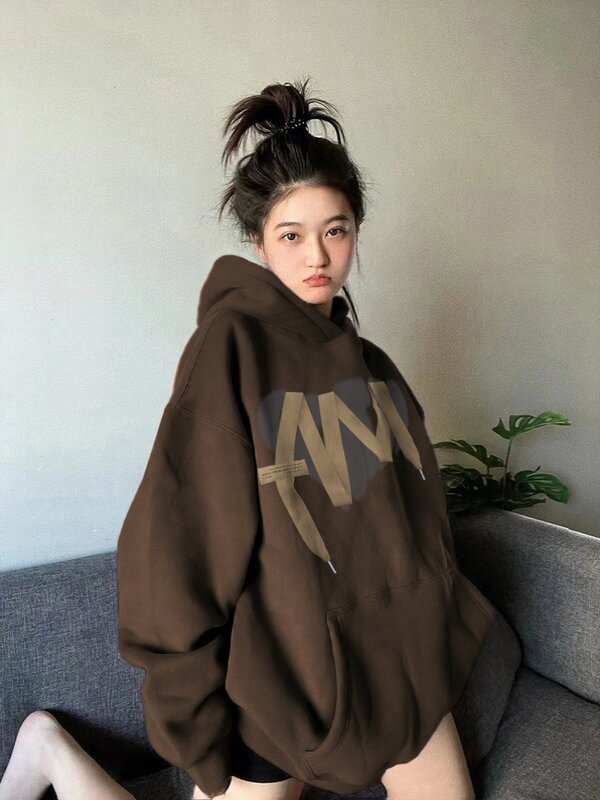American Brown  Brand Hooded Sweater For Women's Spring And Autumn Maillard Wear Loose Oversize Couple Hoodies