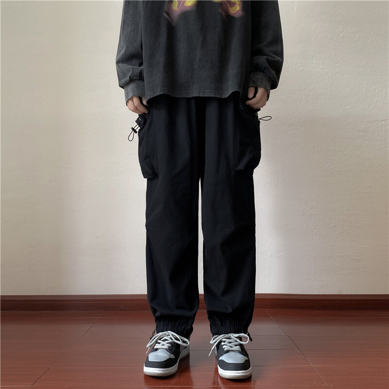 Мужские функциональные рабочие брюки в японском стиле, свободные облегающие брюки с широкими штанинами, прямые повседневные уличные брюки Y2K