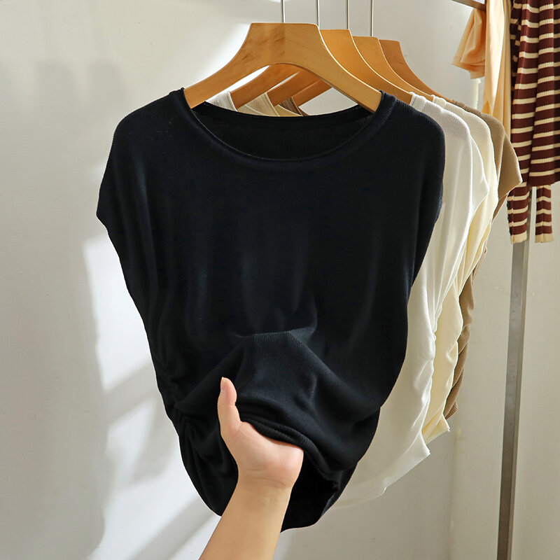 Женская летняя модная Однотонная футболка с коротким рукавом 2024, женский тонкий свитер, топы, футболки, женские вязаные футболки из вискозы X256