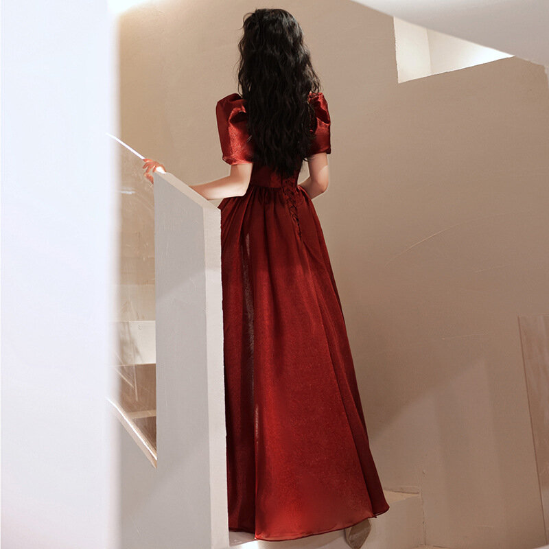 Женское вечернее платье с открытыми плечами, Бордовое платье макси с квадратным вырезом и открытыми плечами в французском ретро-стиле, банкетное платье для вечеринки
