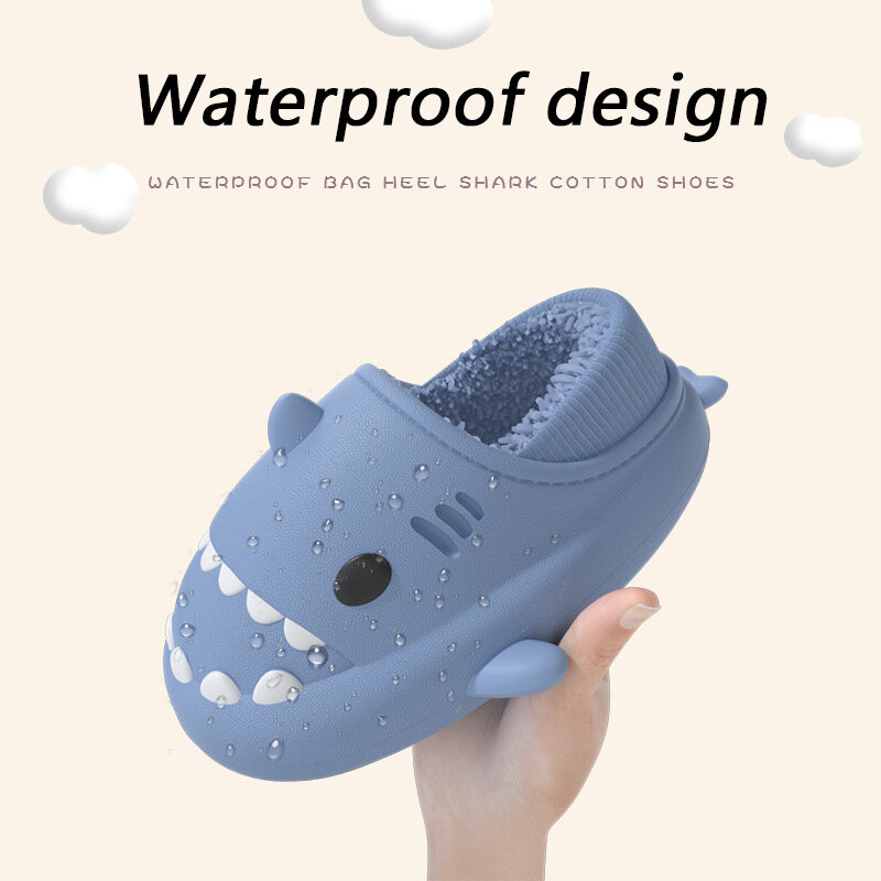 Shevalues New Plush Shark Slippers For Women Men Winter Warm Cartoon Furry Cotton Shoes Non-Slip Waterproof Home Outdoor Slides