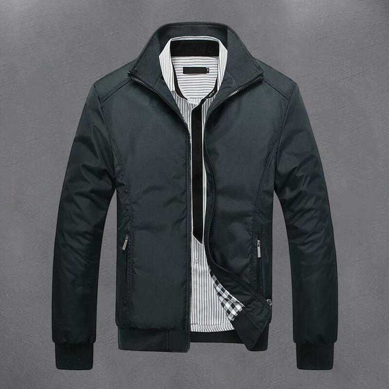 Business Jacket Stylish Men's Business Casual Jacket with Stand Collar Zipper Closure Multiple Pockets Outerwear for Autumn