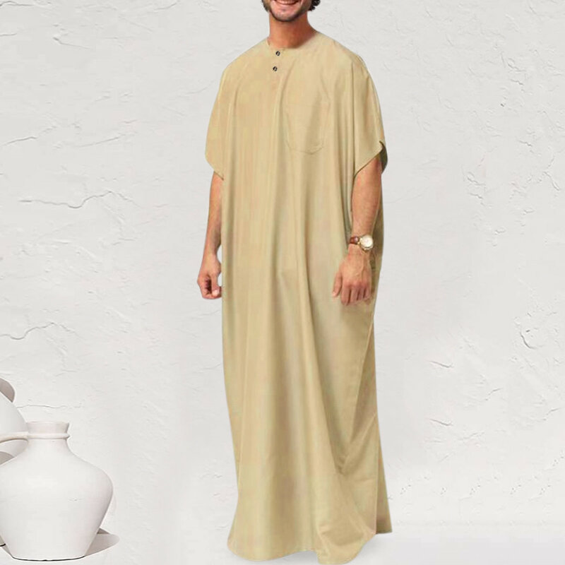 Abito musulmano da uomo moda elegante abito tinta unita con tasca Vintage arabo Dubai islamico musulmano Casual Abaya Robe Jubba Thobe