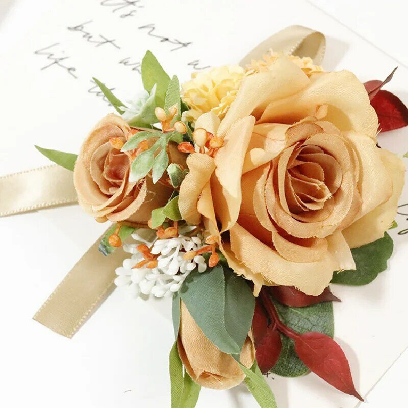 Бутоньерка и корсаж на запястье Свадебные принадлежности для гостей банкета искусственные цветы для жениха невесты оранжевый кофе 379