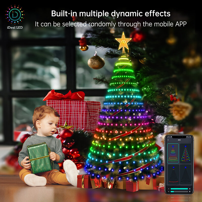 Lampu atas pohon Natal pintar, aplikasi DIY gambar LED RGB lampu tali kontrol Bluetooth LED tali Bintang air terjun Natal
