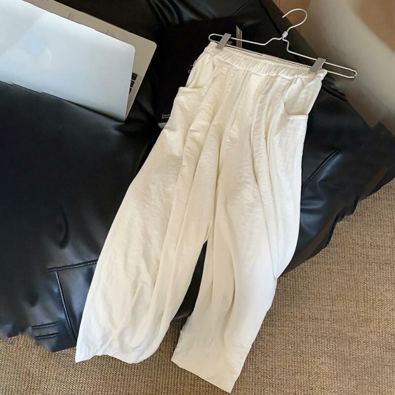 Calça de perna larga de cintura alta feminina com bolsos, ajuste solto, elástica, monocromática, longa, verão