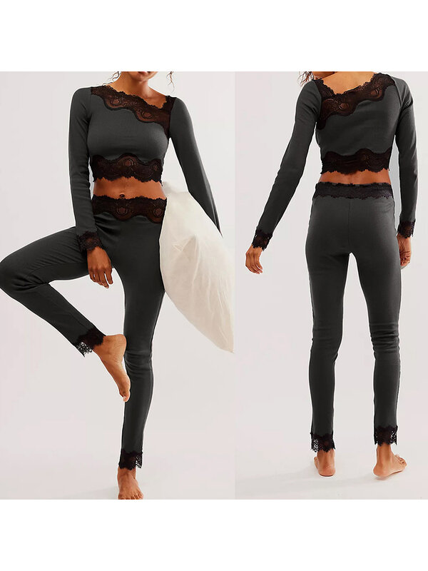 Women s Two Piece Outfit Pajama Set Lace Trim Long Sleeve Crop Top and Pant Lounge 2 Piece Yoga Tracksuit Sleepwear