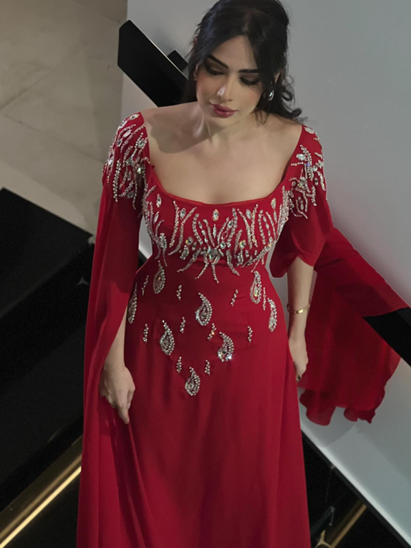 Jirocum Red Vintage Sexy Square Neck Prom Gowns abito da sera per feste in cristallo con perline da donna lunghezza del pavimento abito formale per occasioni