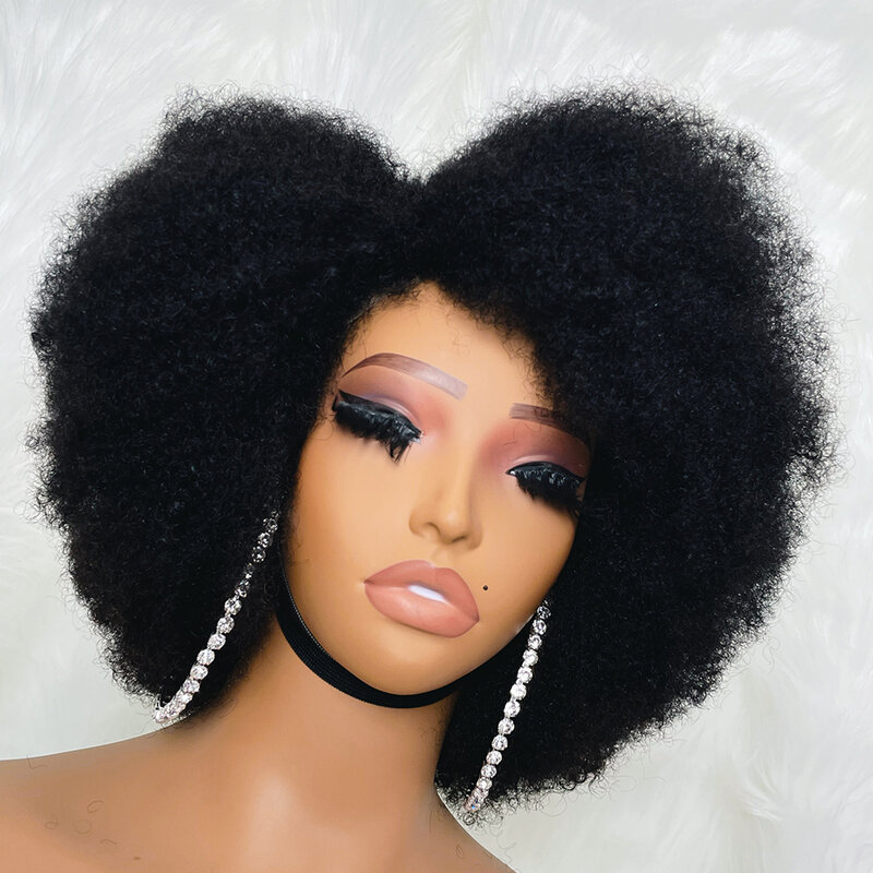 Afro Kinky Krullend Kant Pruik Natuurlijke Kleur Afro Bob Menselijk Haar Natuurlijke Haarlijn 13X4X2 Lijmloze Korte Pruiken