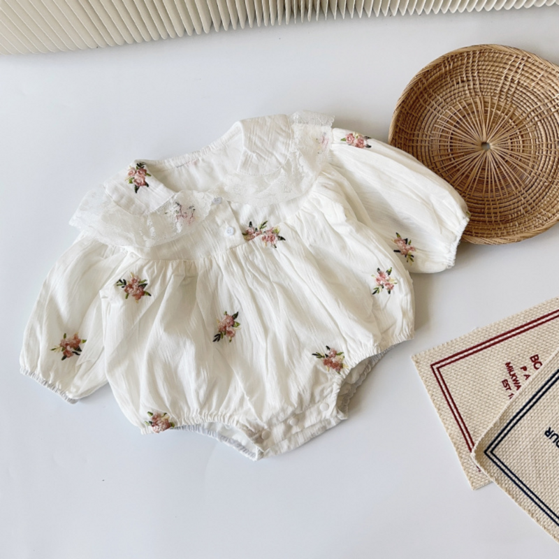 Bodysuits de renda de manga cheia de bebês recém-nascidos, colarinho Peter Pan flor, 100% algodão, outono, primavera, 0-24M, 2023