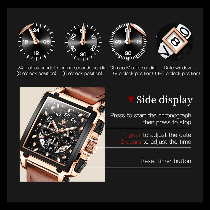 OLEVS 남성용 스퀘어 쿼츠 시계, 다크 브라운 가죽 스트랩, 방수 야광 날짜 크로노그래프, 비즈니스 손목시계, Reloj