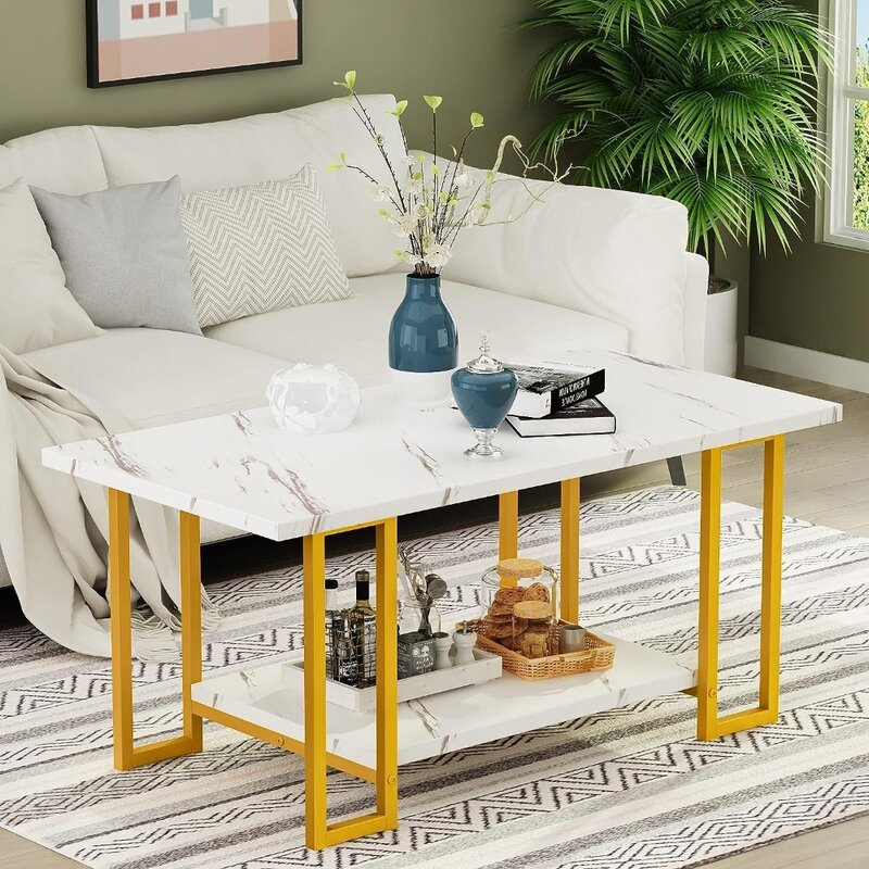 Meja kopi, Modern, Marmer imitasi, meja kopi dengan bingkai logam dan rak penyimpanan furnitur ruang tamu