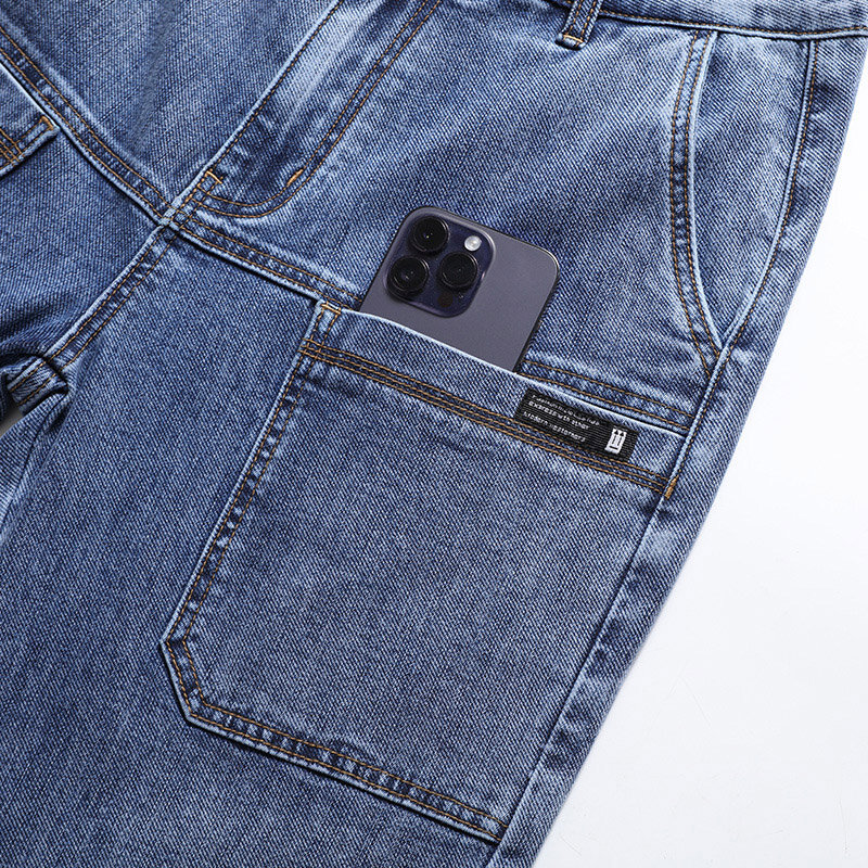 Calção jeans fino, multi-bolso, solto, reto, elástico, versátil, jeans curto casual, roupa de marca masculina, verão