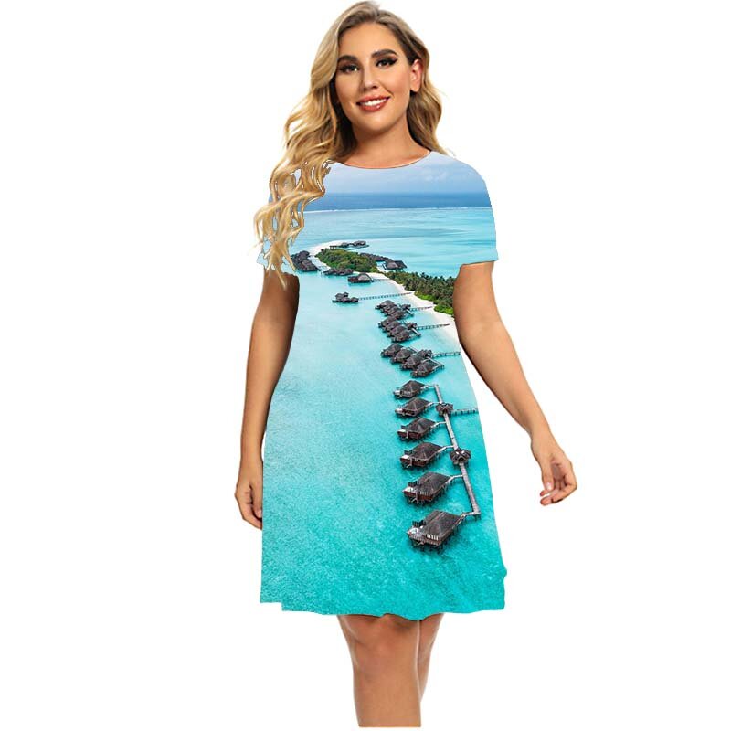 말리브의 풍경 드레스, 여름 패션 반팔 캐주얼 비치 휴가 드레스 느슨한 플러스 사이즈 여성 의류 6XL, 2023