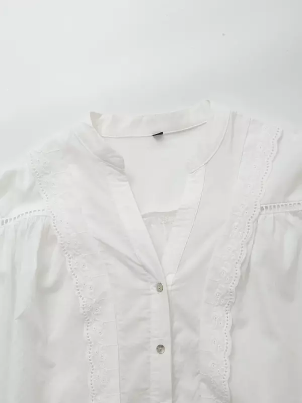 Женская кружевная рубашка с длинными рукавами, свободная повседневная рубашка в стиле ретро с вертикальным кружевом и многослойным украшением, шикарный топ на пуговицах