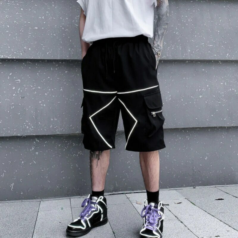 Pantalones cortos tácticos con tiras reflectantes para hombre, pantalón corto estilo Hip Hop Y2K, ropa técnica para verano, novedad de 2024