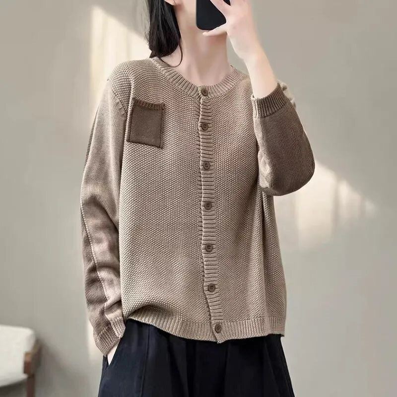 2024 New Cotton Lmitation Round Neck Cardigan Vintage Sweater Coat Long Sleeve Knitted Fashion Art Casual Top Cardigan