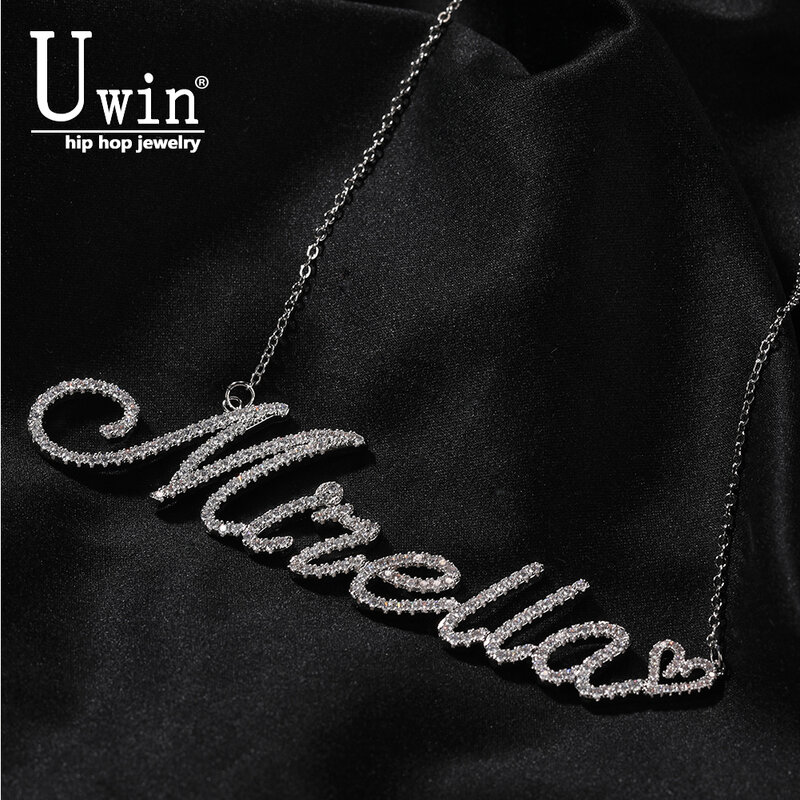 UWIN Cursive Letter With Small Heart Custom Name Necklaces for Women Iced Out CZ Personalized Jewelry Accessories for Gift