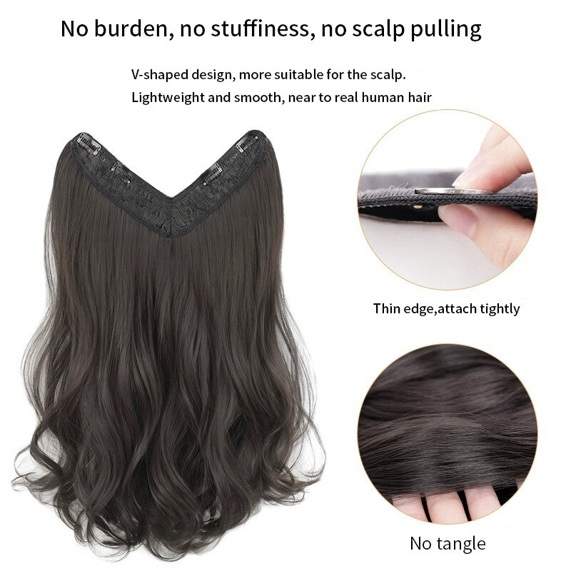 Hiasan rambut sintetis klip berbentuk V, ekstensi rambut serat suhu tinggi warna hitam cokelat alami keriting bergelombang