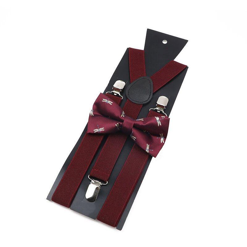 Solid Color Elastic Leather Suspenders Bowtie Set Mens Adjustable Classic Black Red Brown Y-Back Braces Suit Shirt Wedding Wear