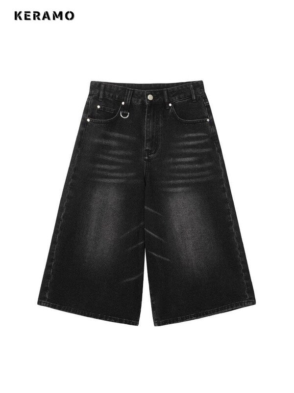 Harajuku Vintage Hoge Taille Zwarte Retro Gewassen Denim Shorts Damesmode Casual Losse Pasvorm Y 2K Streetwear Mid Long Short
