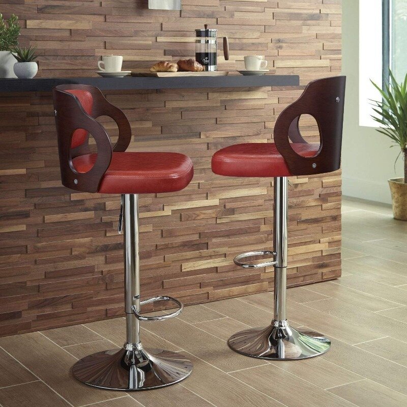 Modern Leather Bar Stools com encosto e vinil assento, extremamente confortável Bar Stool, altura ajustável, noz, 1 pc