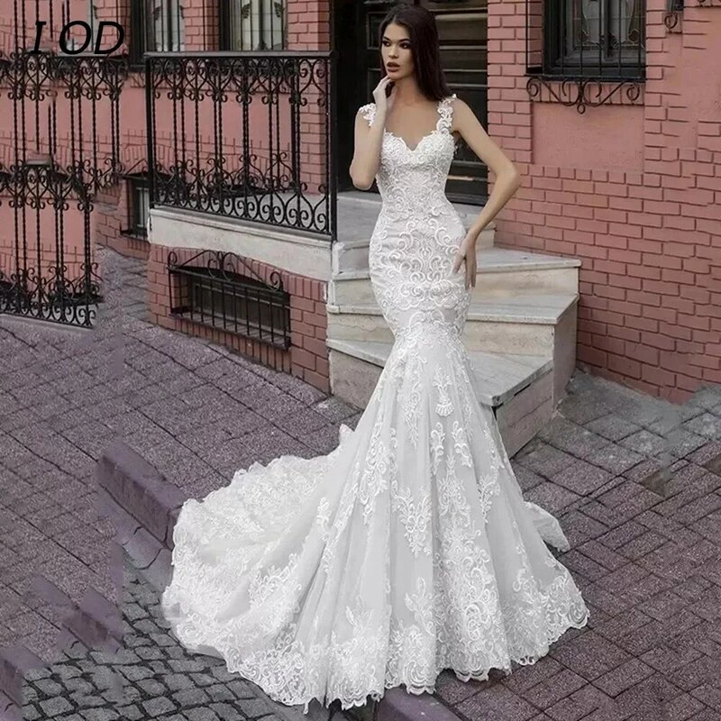 I OD gaun pernikahan putri duyung elegan V-Neck gaun pengantin dengan kancing ilusi tanpa lengan renda Applique Panjang menyentuh lantai