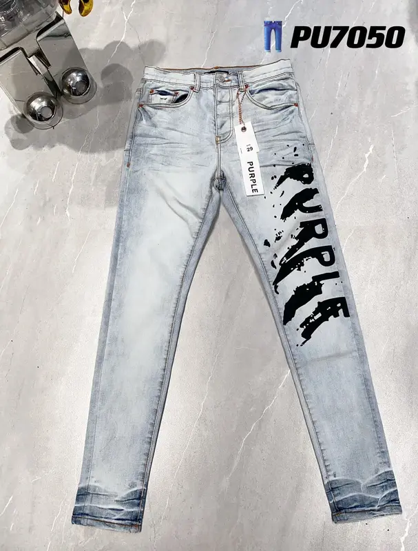 Pantalones vaqueros con estampado de letras para hombre, Jeans largos lavados, ropa de calle ajustada de alta calidad, color morado, novedad de 2024
