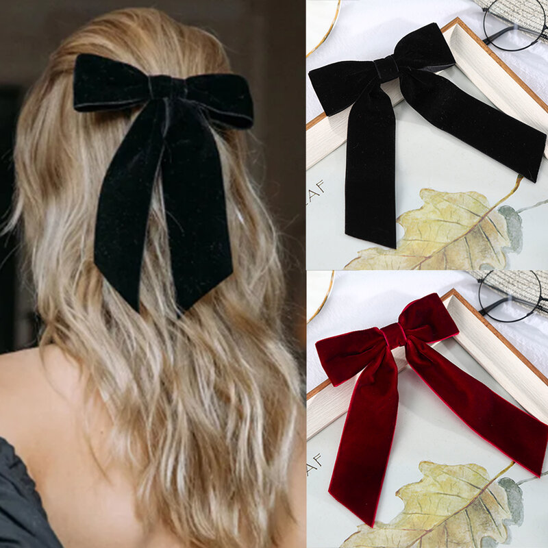 Barrettes en Velours avec Nministériels d pour Femme, Queue de Cheval, Épingle à Cheveux, Pince à Cheveux, Ruban Noir et Rouge, Accessoires à la Mode