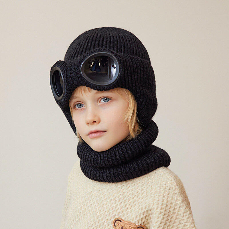 Детская Зимняя Теплая Шапка-бини и шарф из шерстяной пряжи с очками