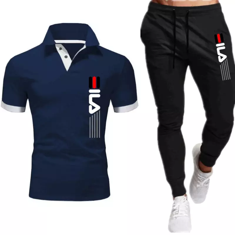Męskie spodnie dresowe 2-częściowy zestaw z nadrukiem Letnia odzież sportowa do biegania Koszulka POLO z krótkim rękawem + długie spodnie Casualowe ubrania uliczne