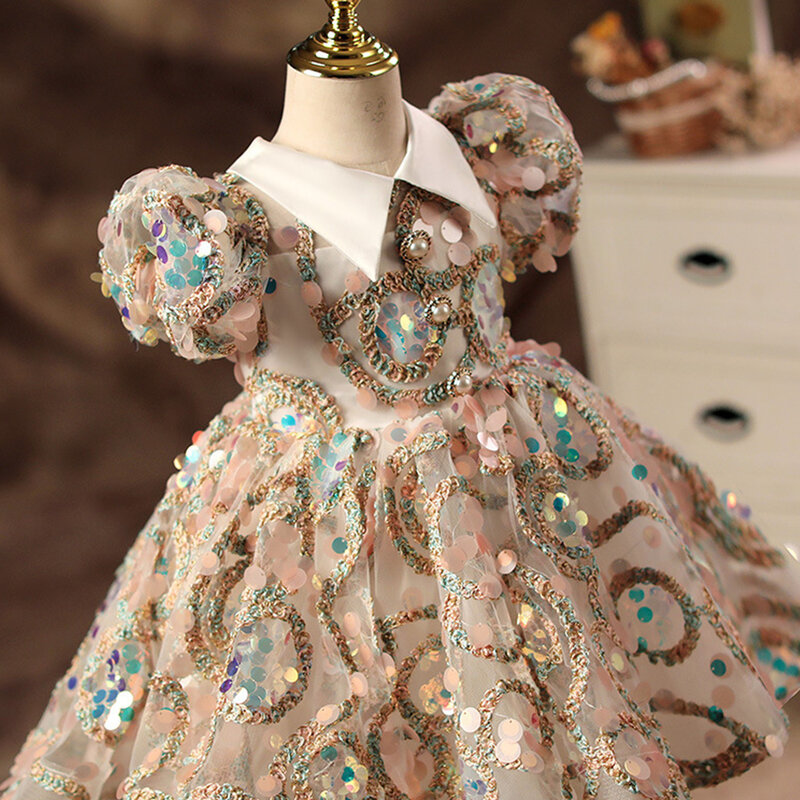 Gaun gadis bunga elegan gaun pendek mengembang lengan putri berpayet cocok untuk acara khusus gaun ulang tahun bayi perempuan