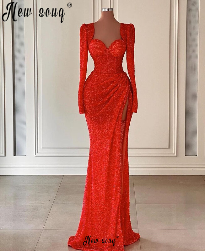 Red Engagement Party Dress Square Neck Birthday Cocktail Party Gowns Long Sleeve High Side Split Side Customize  Robe Soirée 202