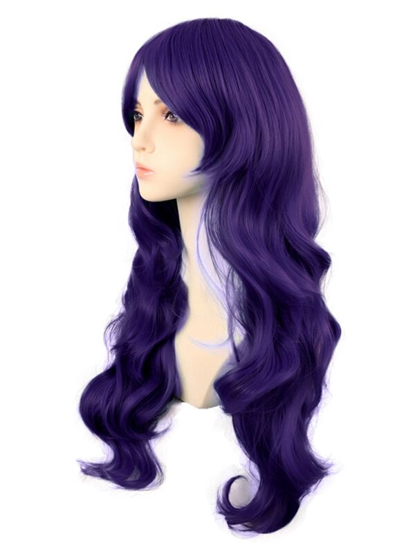 Cos Wig Female Long Hair Anime Big Wave Long Curly Hair 70cm Dark Purple Dark Purple Qi Side Bangs Headgear
